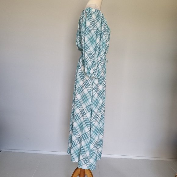 Boho Bird Birdsnest White & Green Plaid Maxi Dress with Belt Plus Size 22 - Picture 4 of 8